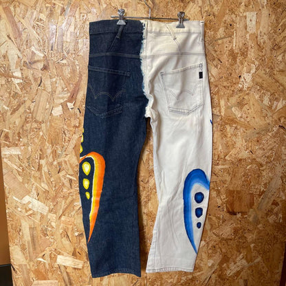 One-of-a-kind remade vintage bleached and painted denim pants in dark bl #PC13DP