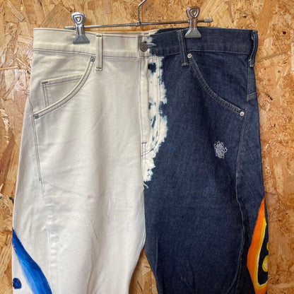One-of-a-kind remade vintage bleached and painted denim pants in dark bl #PC13DP