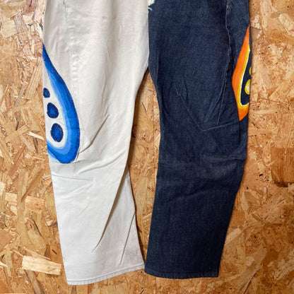 One-of-a-kind remade vintage bleached and painted denim pants in dark bl #PC13DP