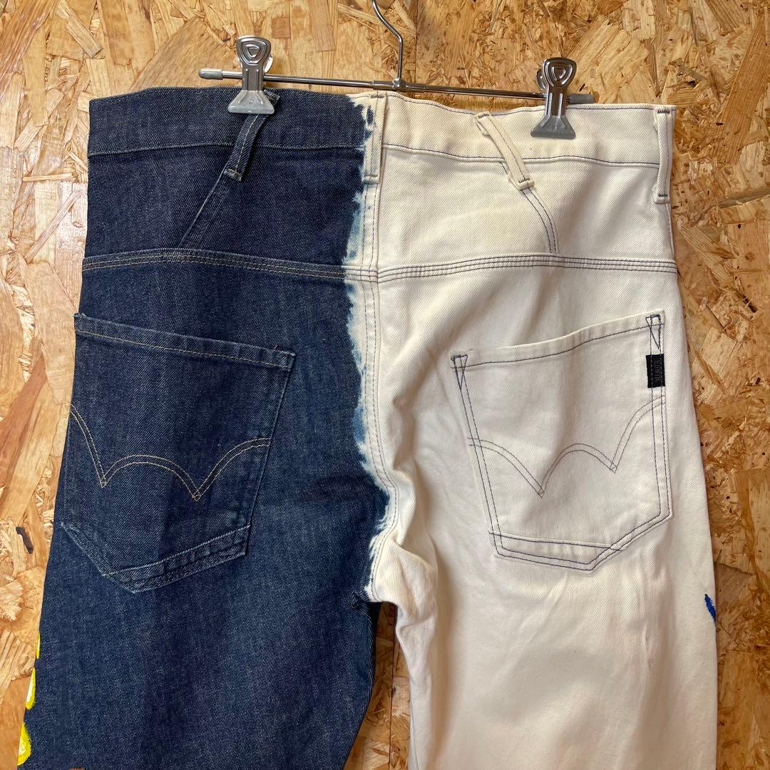 One-of-a-kind remade vintage bleached and painted denim pants in dark bl #PC13DP