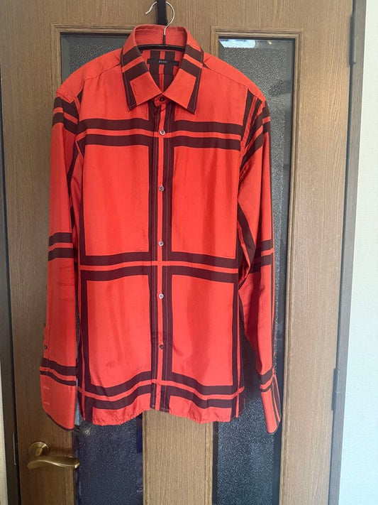 GUCCI Checked Long Sleeve Shirt, Orange and Black, Men's, Size 40 #QYJAN5