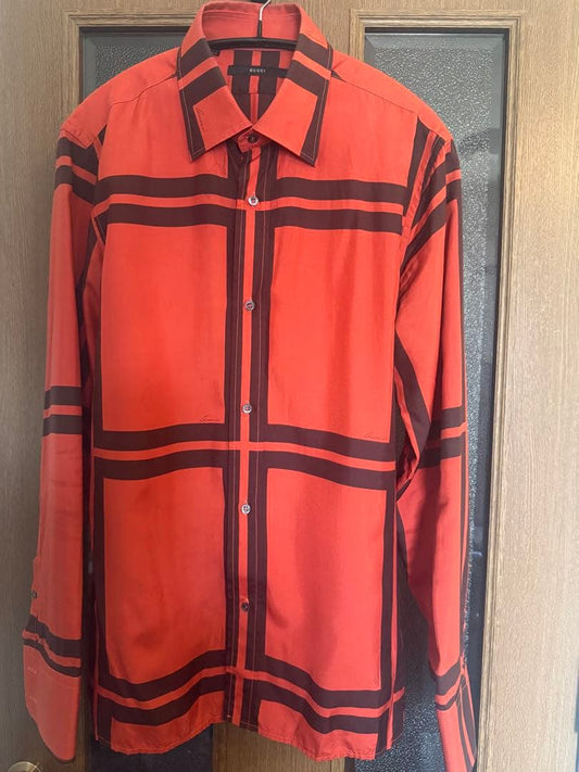 GUCCI Checked Long Sleeve Shirt, Orange and Black, Men's, Size 40 #QYJAN5