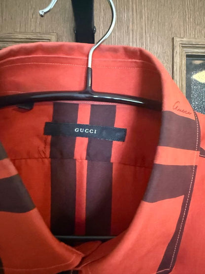 GUCCI Checked Long Sleeve Shirt, Orange and Black, Men's, Size 40 #QYJAN5