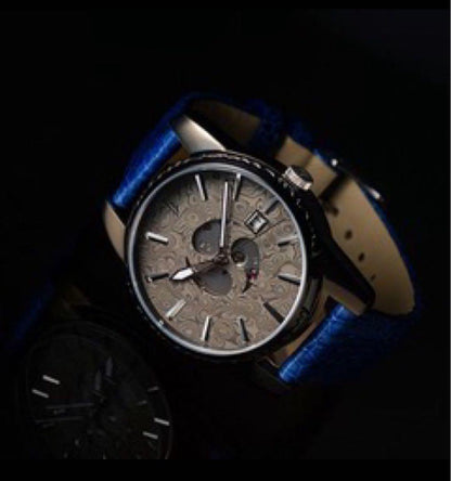 MUSHA Damascus Samurai Watch Auto Miyota Blue Ostrich Strap Ltd #QY5TJL