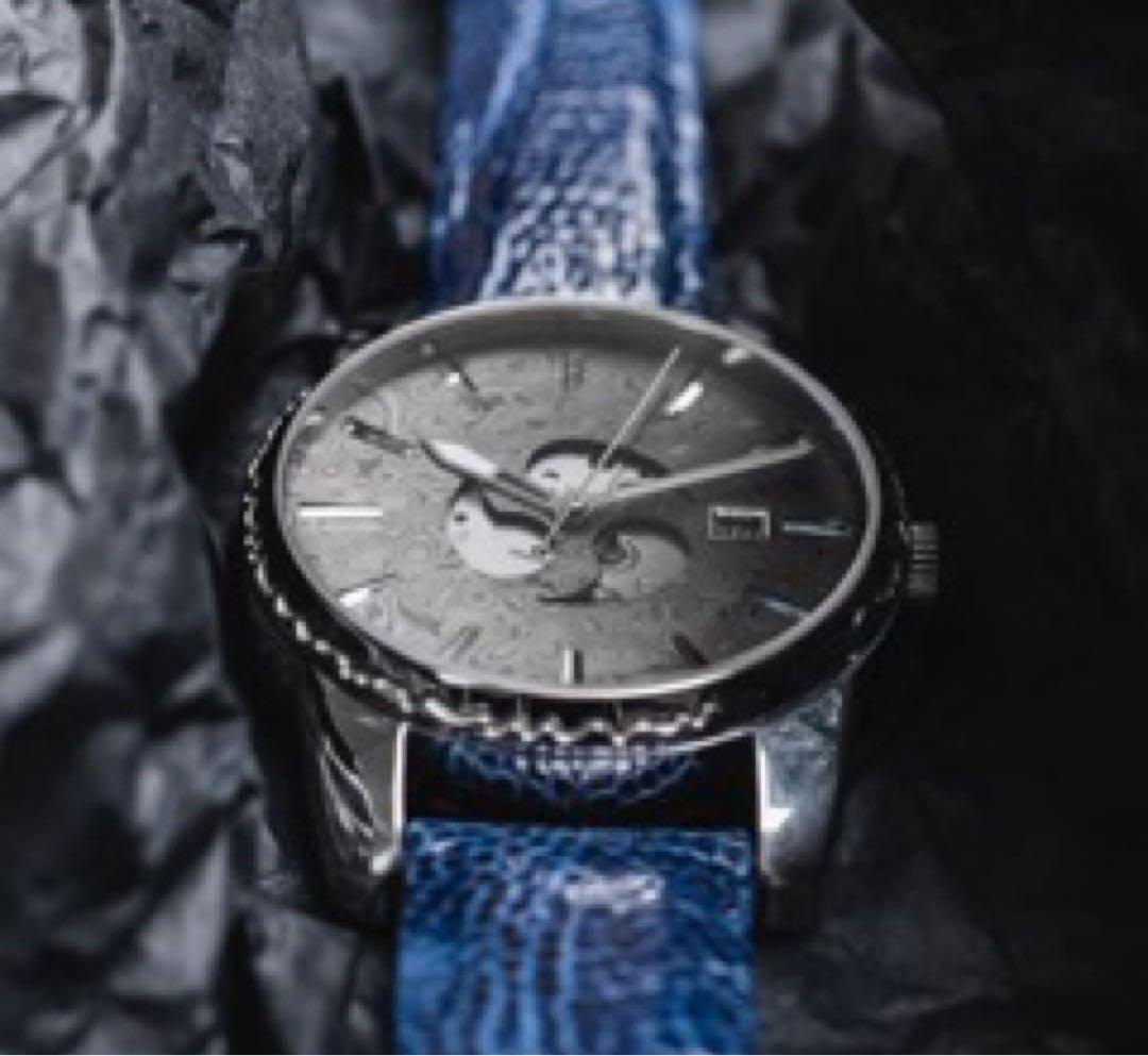MUSHA Damascus Samurai Watch Auto Miyota Blue Ostrich Strap Ltd #QY5TJL