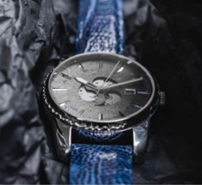 MUSHA Damascus Samurai Watch Auto Miyota Blue Ostrich Strap Ltd #QY5TJL