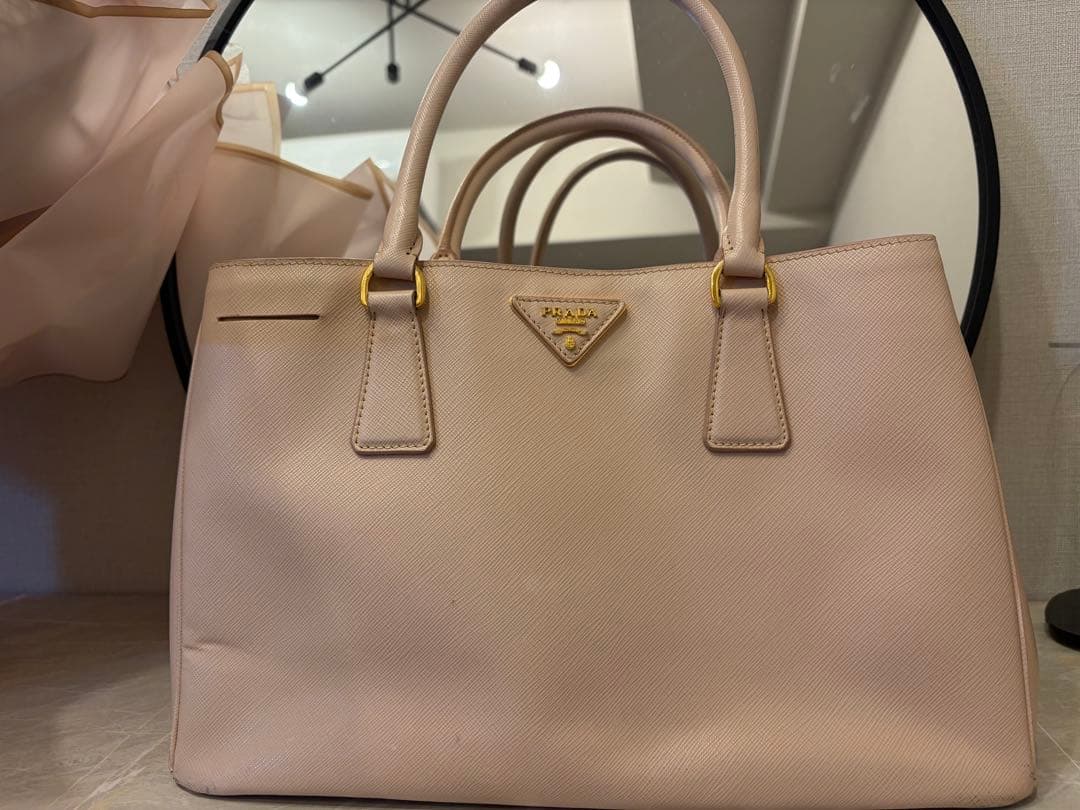 PRADA Galleria Saffiano Leather Handbag Pink Beige GILDED Logo Used Comm #QY4JC6