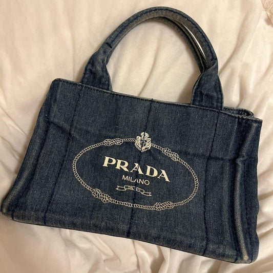 PRADA Dark Blue Denim Handbag Logo Embroidery Authentic #QYK79H