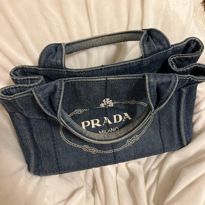 PRADA Dark Blue Denim Handbag Logo Embroidery Authentic #QYK79H