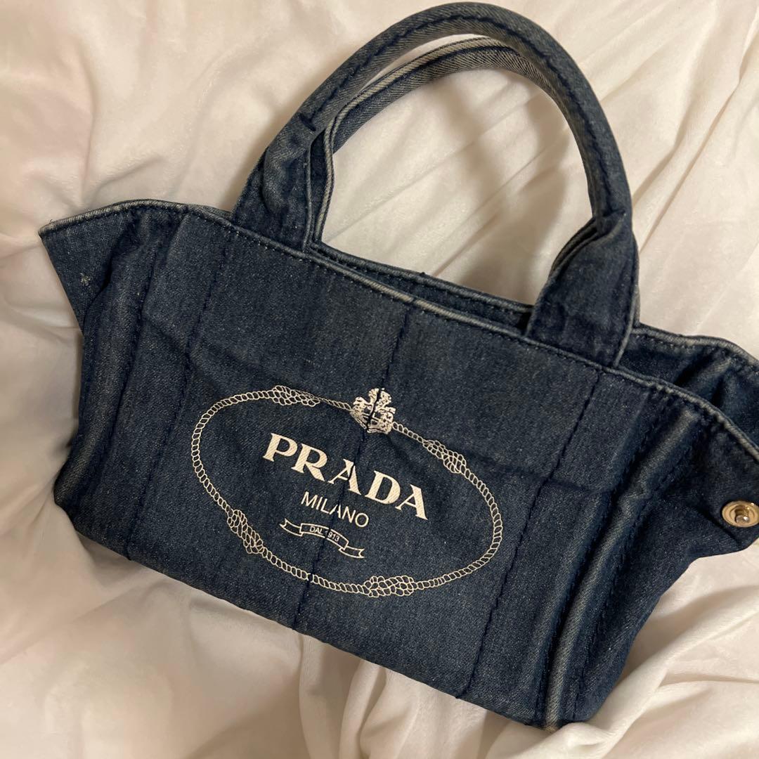 PRADA Dark Blue Denim Handbag Logo Embroidery Authentic #QYK79H