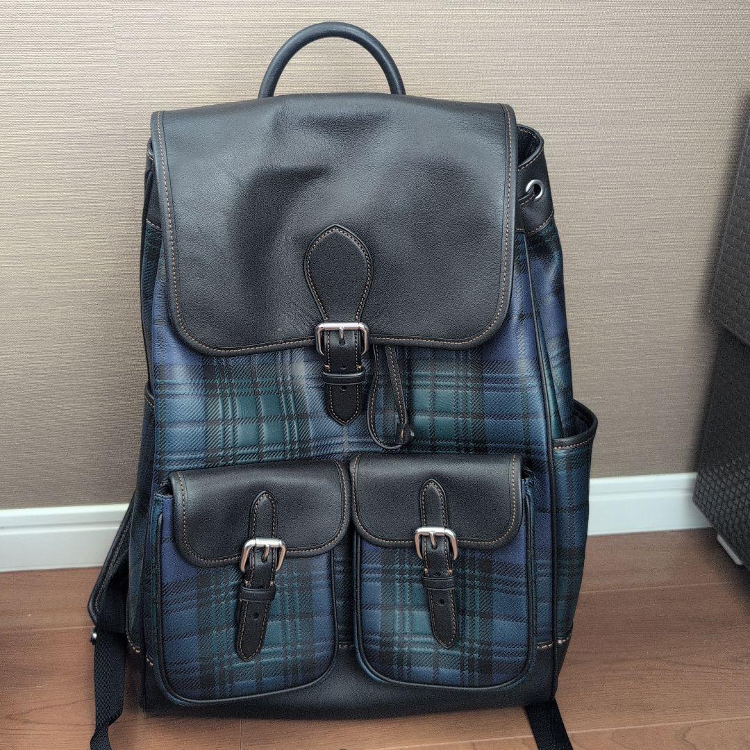 COACH Frankie Grabtan Leather Check Backpack, Black/Blue #QY0VGH