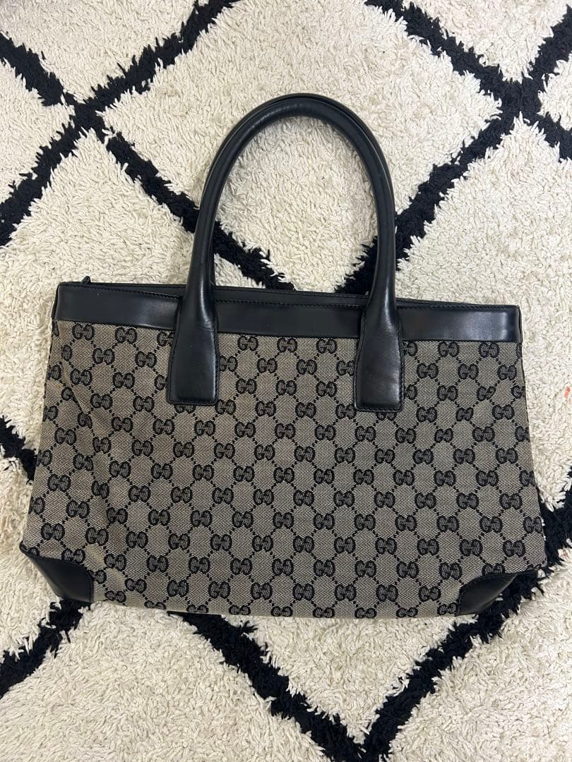 GUCCI GG Logo Pattern Handbag Beige Black Canvas Leather Zip Pocket Dust #QY4BRK