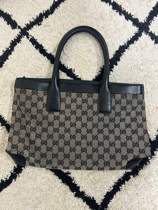 GUCCI GG Logo Pattern Handbag Beige Black Canvas Leather Zip Pocket Dust #QY4BRK
