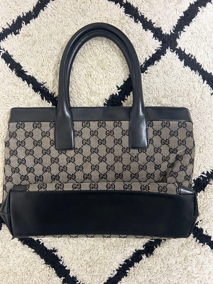 GUCCI GG Logo Pattern Handbag Beige Black Canvas Leather Zip Pocket Dust #QY4BRK