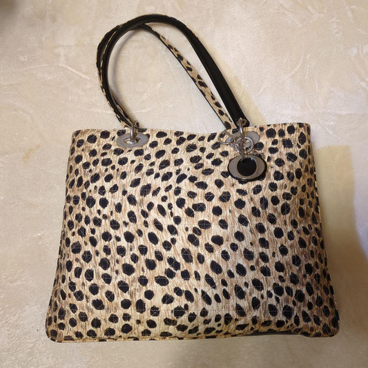 Christian Dior Leopard Print Canvas Tote Handbag Logo Charm #QY6P8C