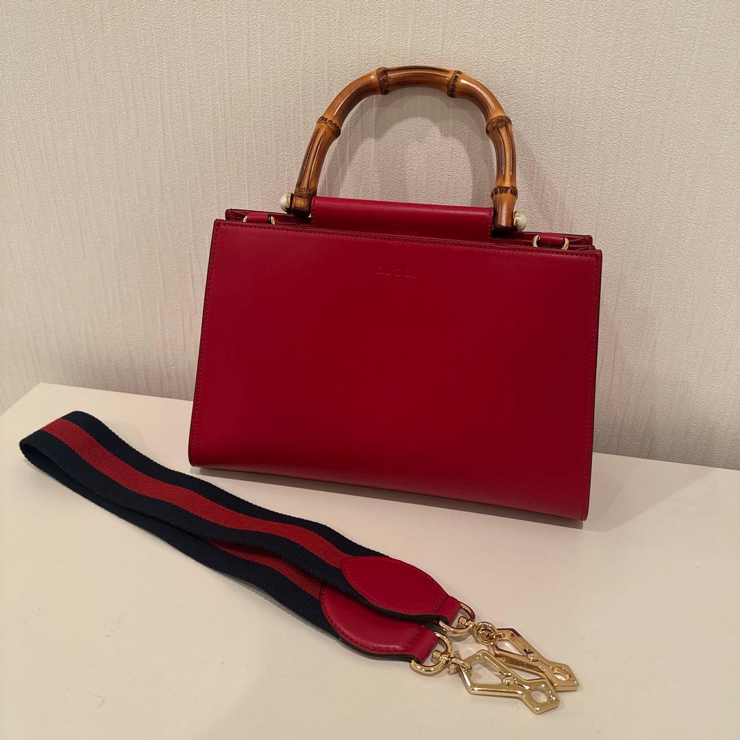 GUCCI Bamboo Handle Red Leather Tote Bag 2-Way #QY56EB
