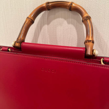 GUCCI Bamboo Handle Red Leather Tote Bag 2-Way #QY56EB
