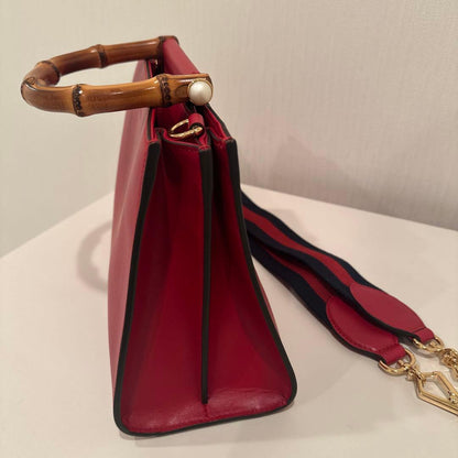 GUCCI Bamboo Handle Red Leather Tote Bag 2-Way #QY56EB