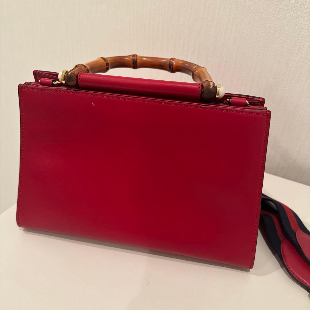 GUCCI Bamboo Handle Red Leather Tote Bag 2-Way #QY56EB