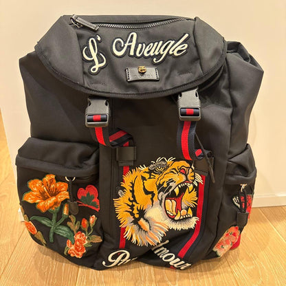 GUCCI Tiger Floral Embroidered Backpack Black Canvas #QYFNUJ