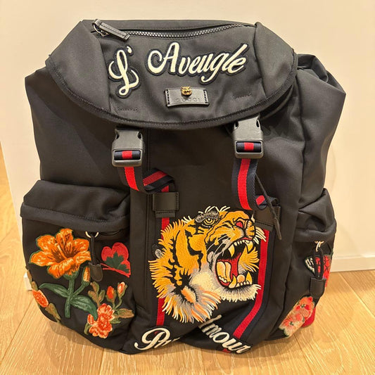 GUCCI Tiger Floral Embroidered Backpack Black Canvas #QYFNUJ