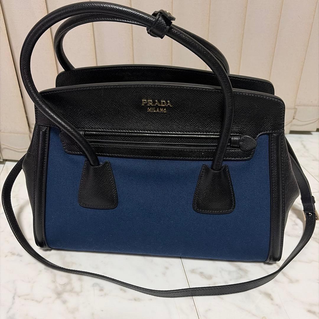 PRADA Navy Black Canvas Leather Handbag Shoulder #QYJXNC