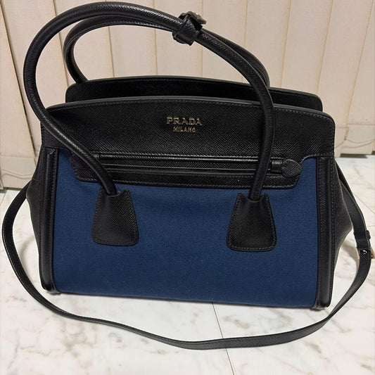 PRADA Navy Black Canvas Leather Handbag Shoulder #QYJXNC