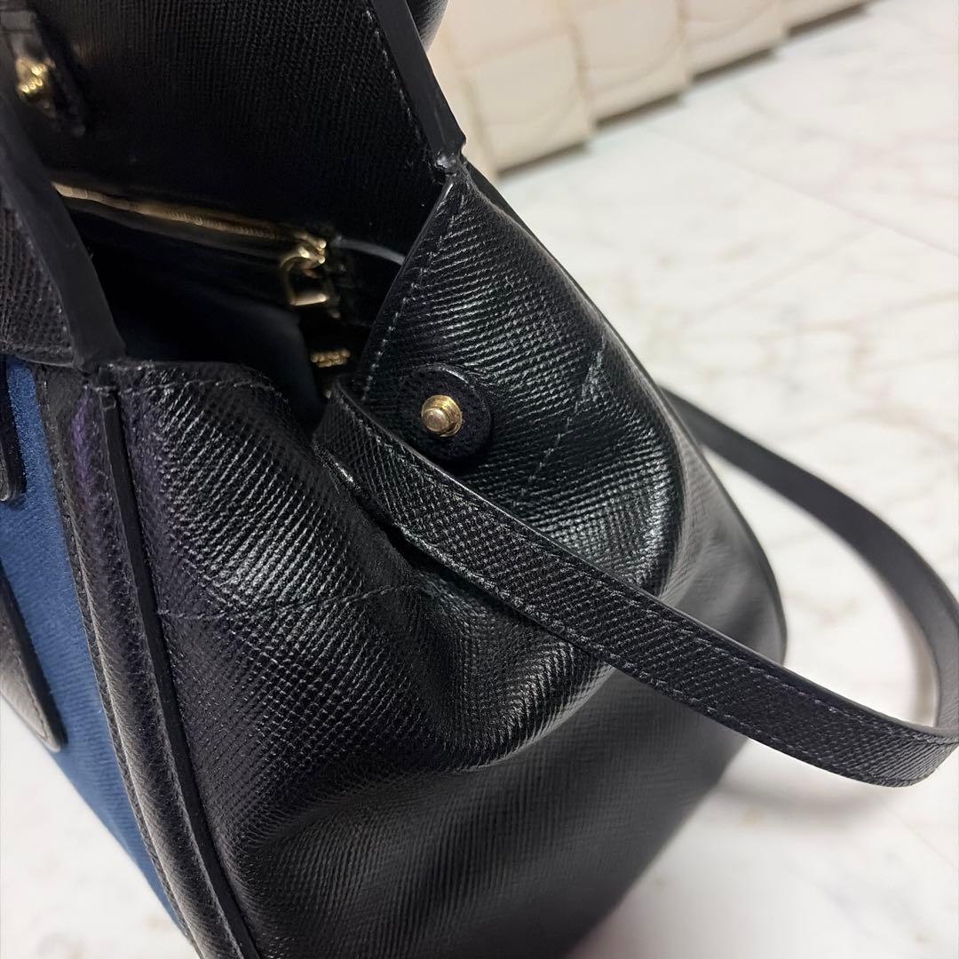 PRADA Navy Black Canvas Leather Handbag Shoulder #QYJXNC