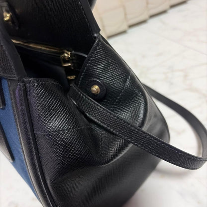 PRADA Navy Black Canvas Leather Handbag Shoulder #QYJXNC