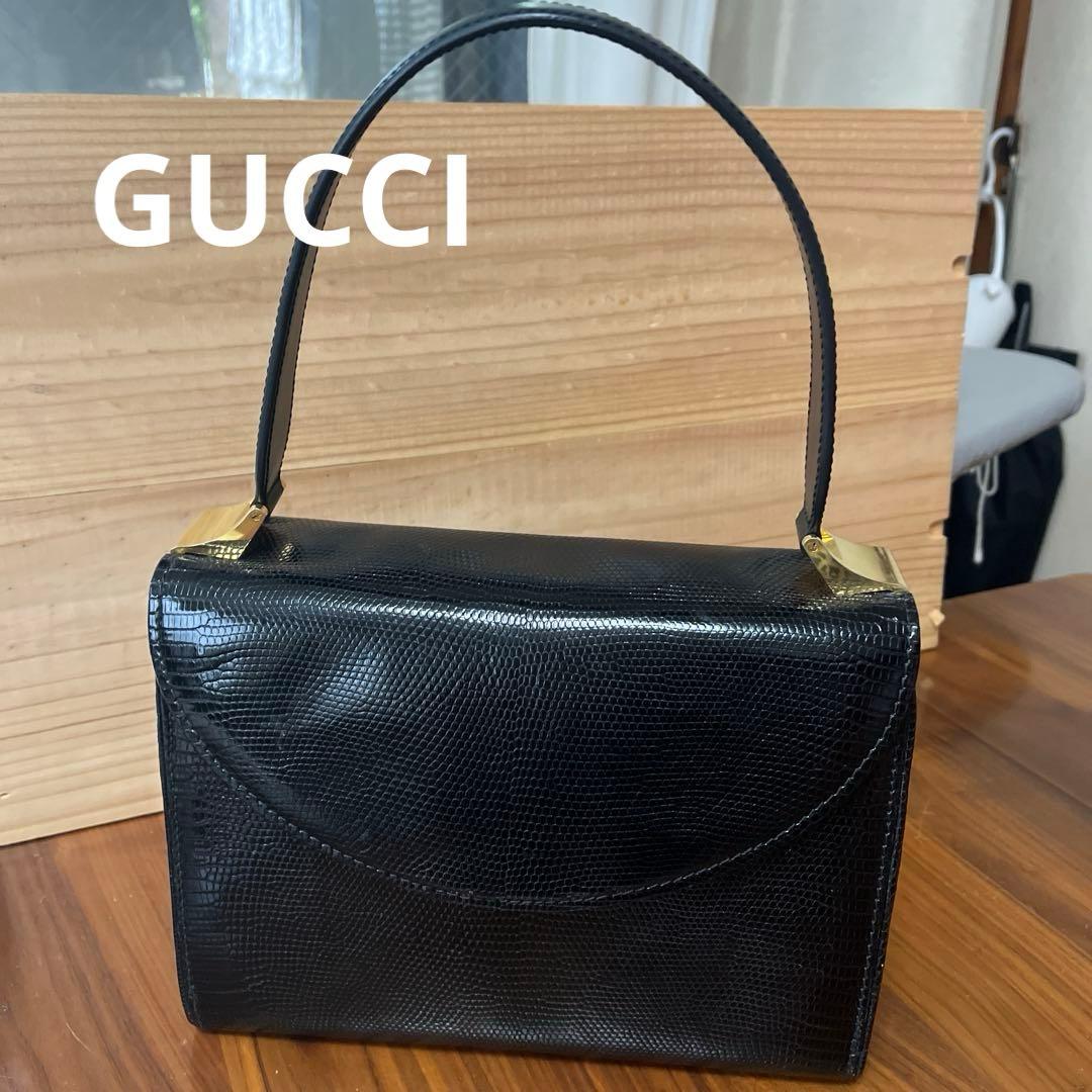 GUCCI Vintage Handbag Synthetic Leather Black Gold HW #QY7QSF