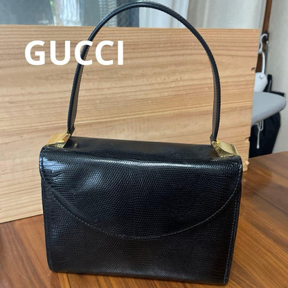 GUCCI Vintage Handbag Synthetic Leather Black Gold HW #QY7QSF