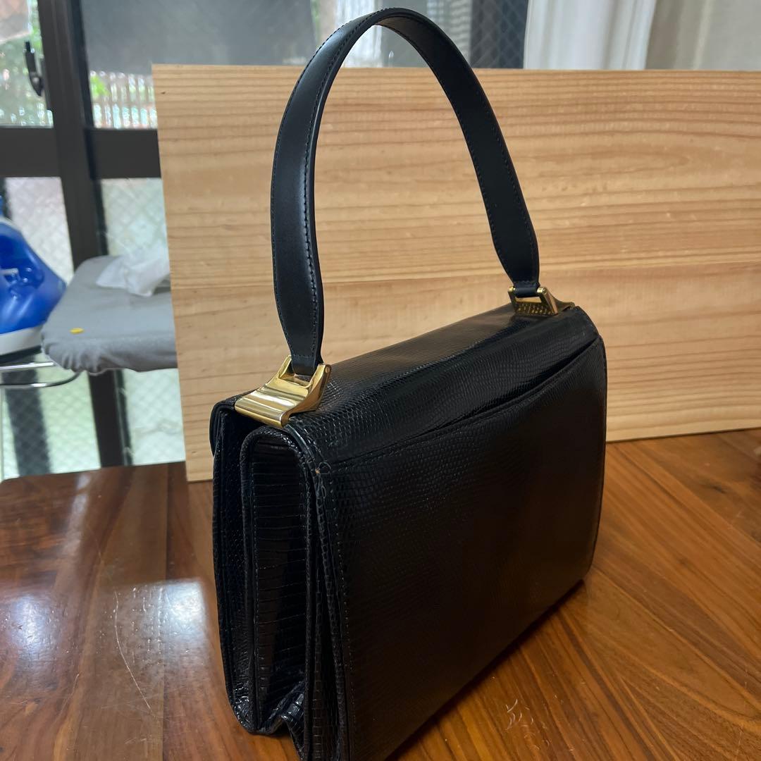 GUCCI Vintage Handbag Synthetic Leather Black Gold HW #QY7QSF