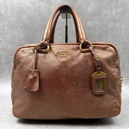 Prada Mini Boston Handbag in Brown Leather with Lock #QY44R0