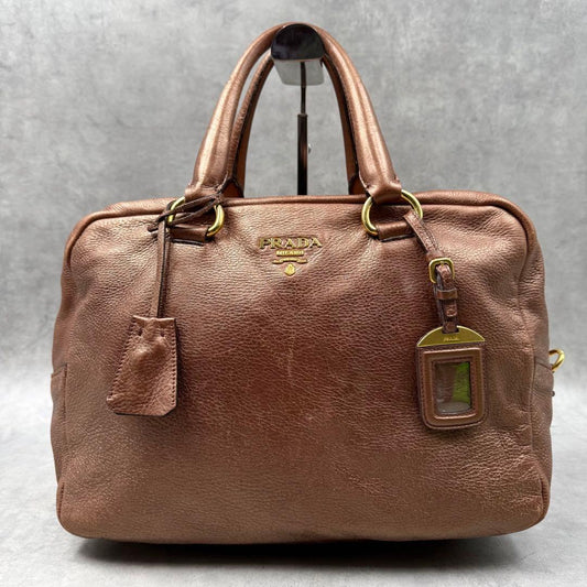 Prada Mini Boston Handbag in Brown Leather with Lock #QY44R0