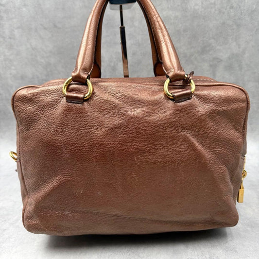 Prada Mini Boston Handbag in Brown Leather with Lock #QY44R0