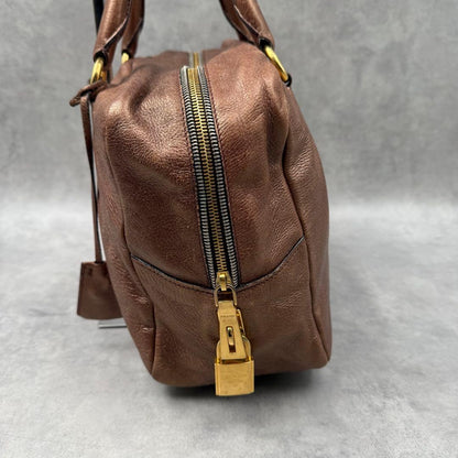 Prada Mini Boston Handbag in Brown Leather with Lock #QY44R0