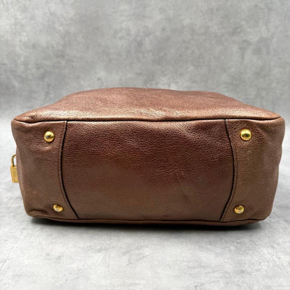 Prada Mini Boston Handbag in Brown Leather with Lock #QY44R0