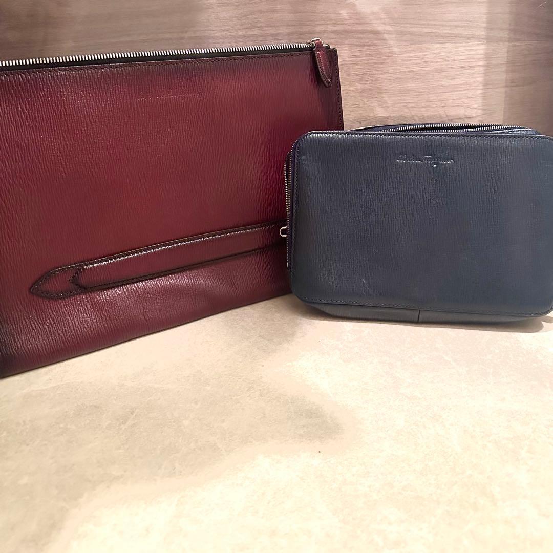 SALVATORE FERRAGAMO Leather Clutch Set Bordeaux Navy Embossed #QYIV7H