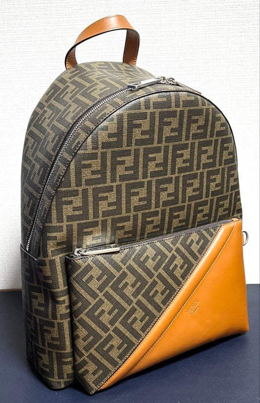 FENDI FF Zucca Pattern Backpack Brown Leather Canvas #QY8DCH