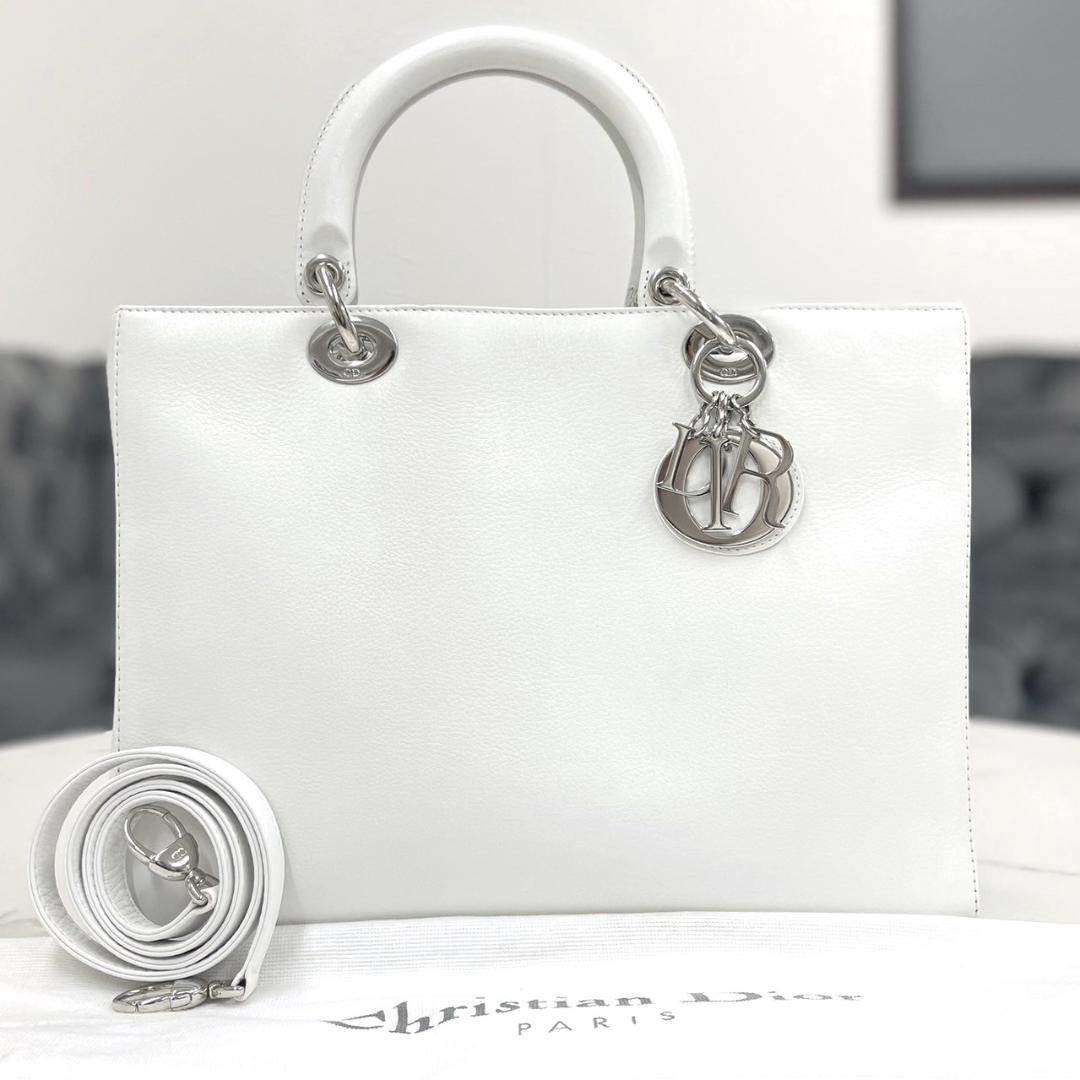 Lady Dior Large Lambskin 2-Way Handbag, White #QY9212