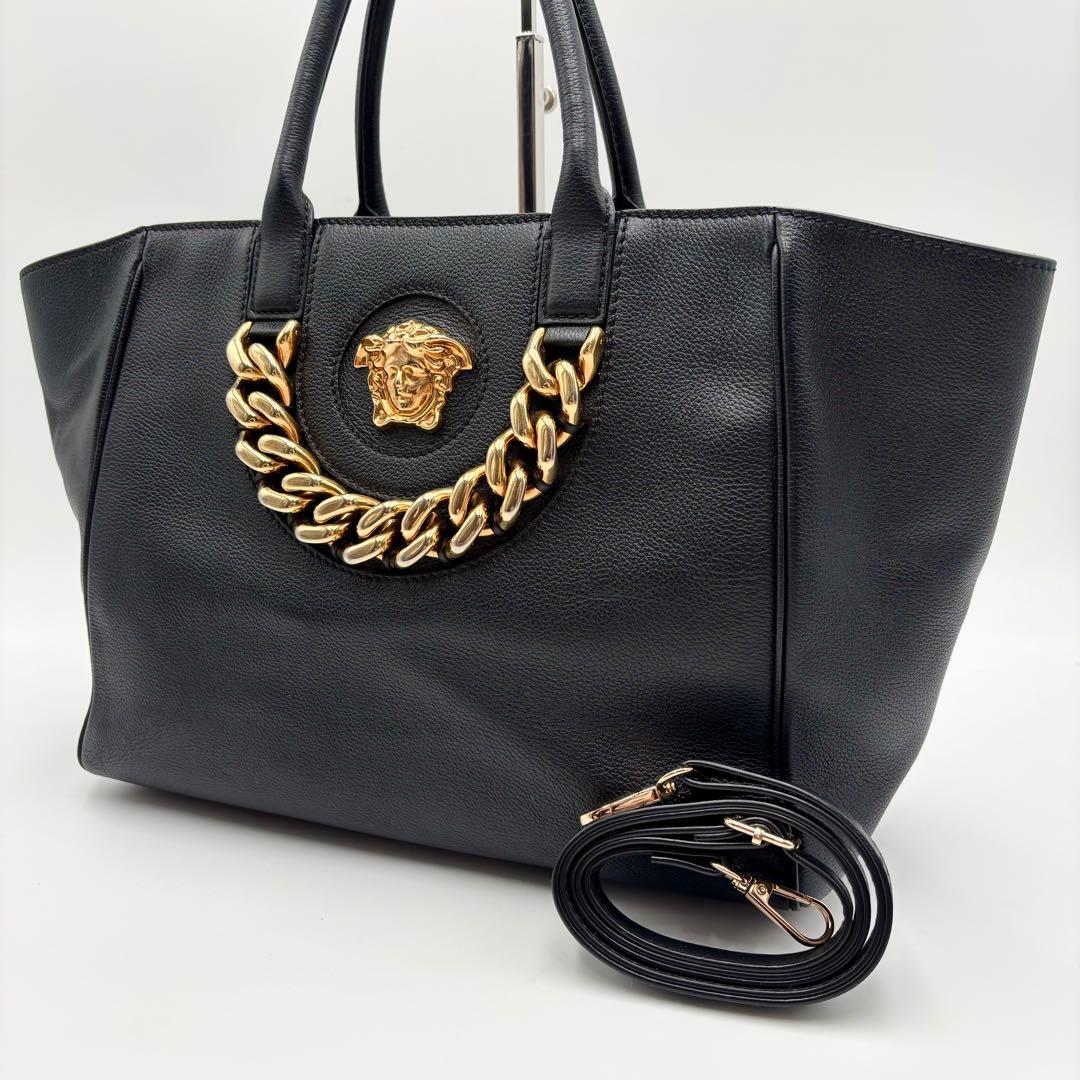 VERSACE Medusa 2Way Tote Handbag Black Gold Hardware Leather #QY91Q7