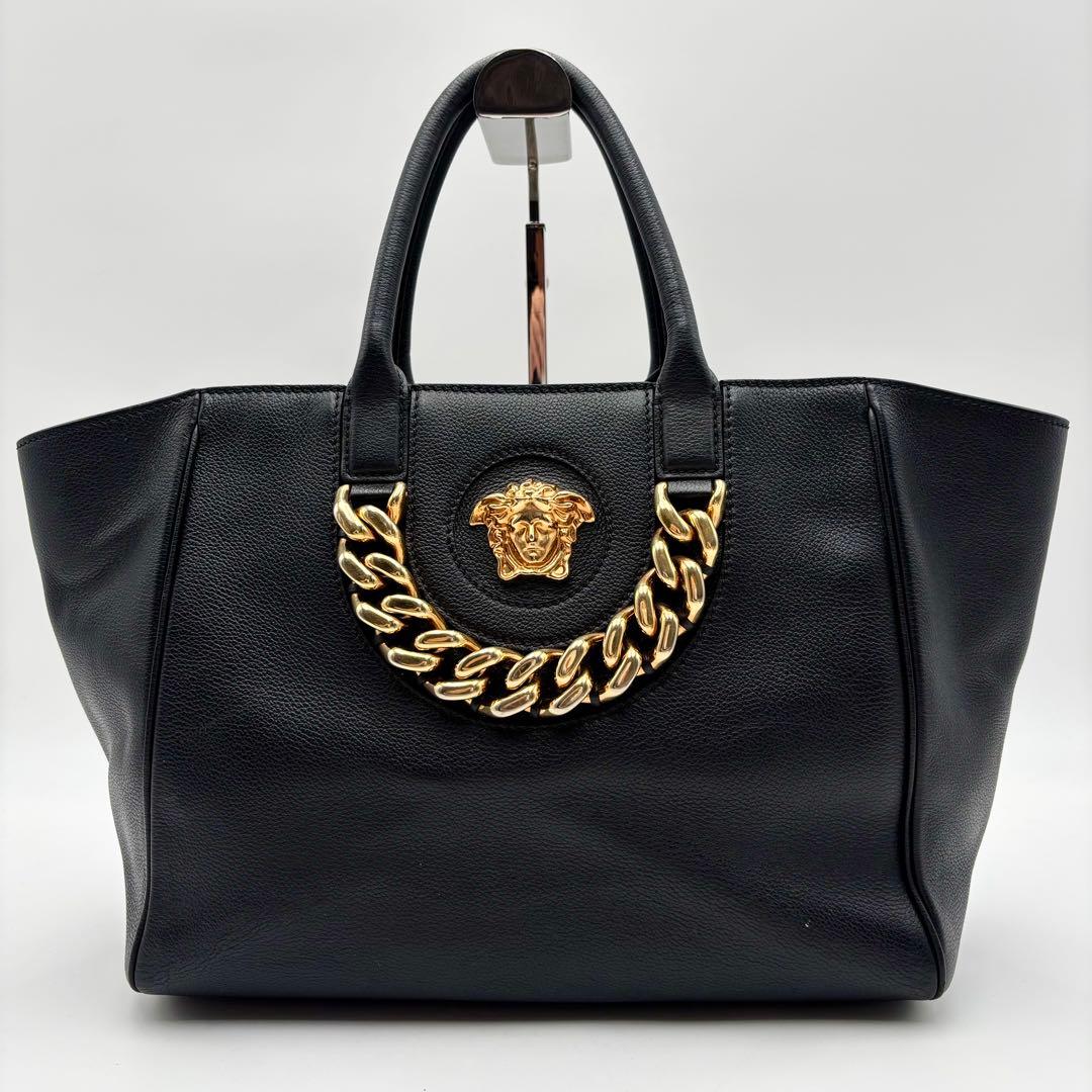 VERSACE Medusa 2Way Tote Handbag Black Gold Hardware Leather #QY91Q7