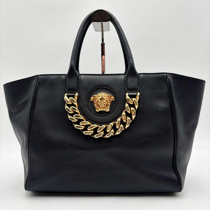 VERSACE Medusa 2Way Tote Handbag Black Gold Hardware Leather #QY91Q7