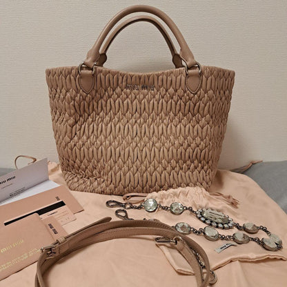 MIU MIU Matelasse Nappa Crystal Handbag Pink Beige Nappa Leather #QYE5AY