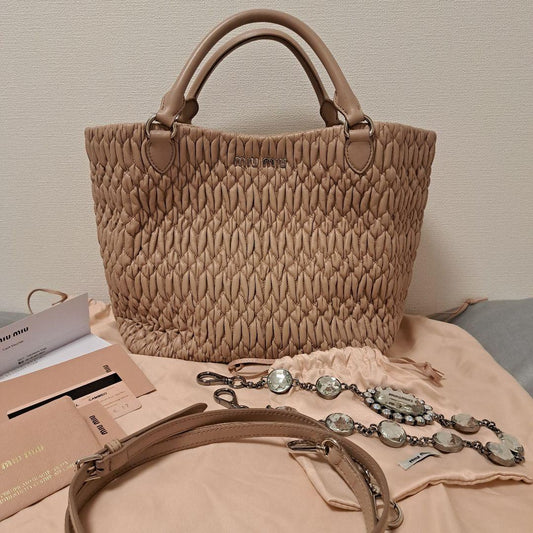 MIU MIU Matelasse Nappa Crystal Handbag Pink Beige Nappa Leather #QYE5AY