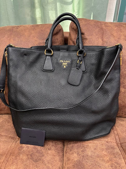 PRADA Black Leather Tote Bag with Tag #QY7BH4