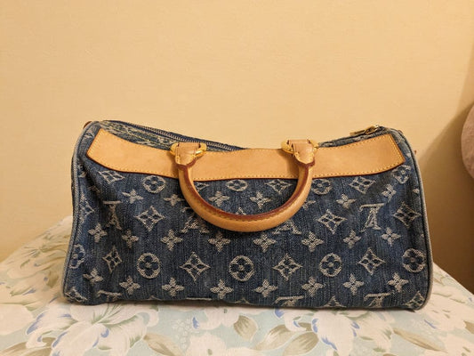 LOUIS VUITTON Monogram Denim Neo Speedy Handbag Indigo Blue SP1006 30cm #QYI9C0