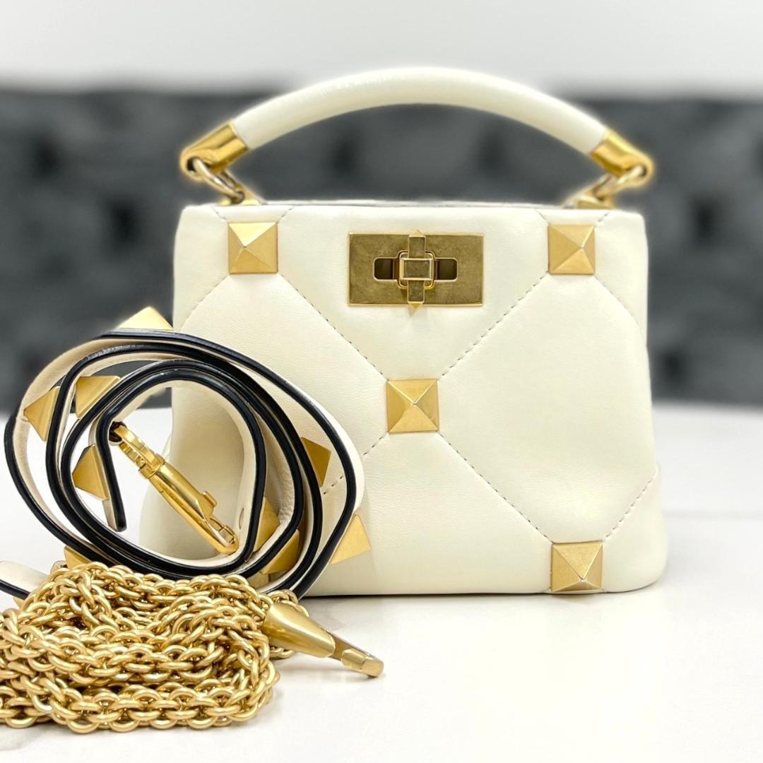 Valentino Roman Studs Ivory Leather 2-Way Handbag #QYAJCG