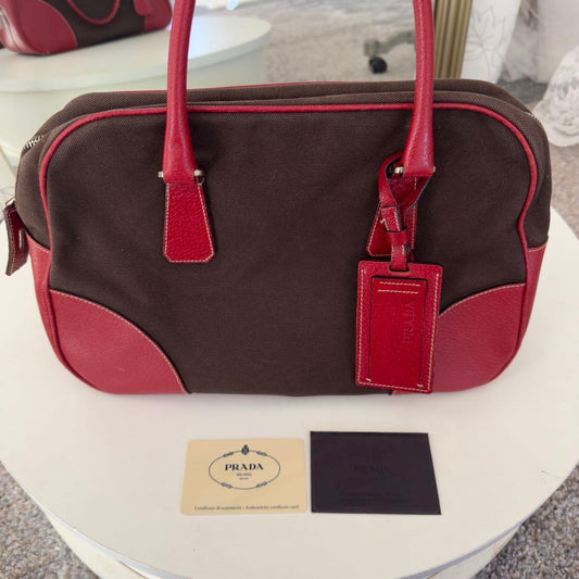 PRADA Handbag Brown Red Canvas Leather with Tag #QY9VU8