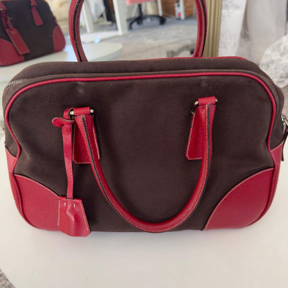 PRADA Handbag Brown Red Canvas Leather with Tag #QY9VU8